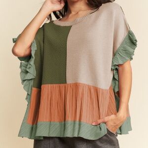 DAVI & DANI Short Sleeve Patchwork
Sweater with Ruffle Detailing
